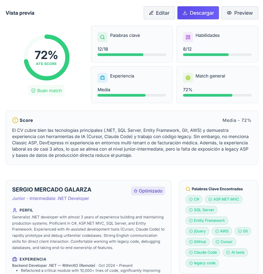 Adaptar CV a cada oferta laboral en CreaTuCv.dev